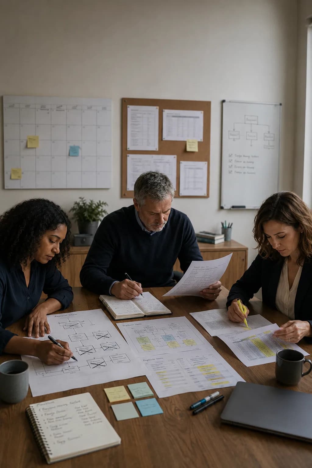 Three organizational leaders reviewing workflows, approval steps, and duplicate reports around a conference table.