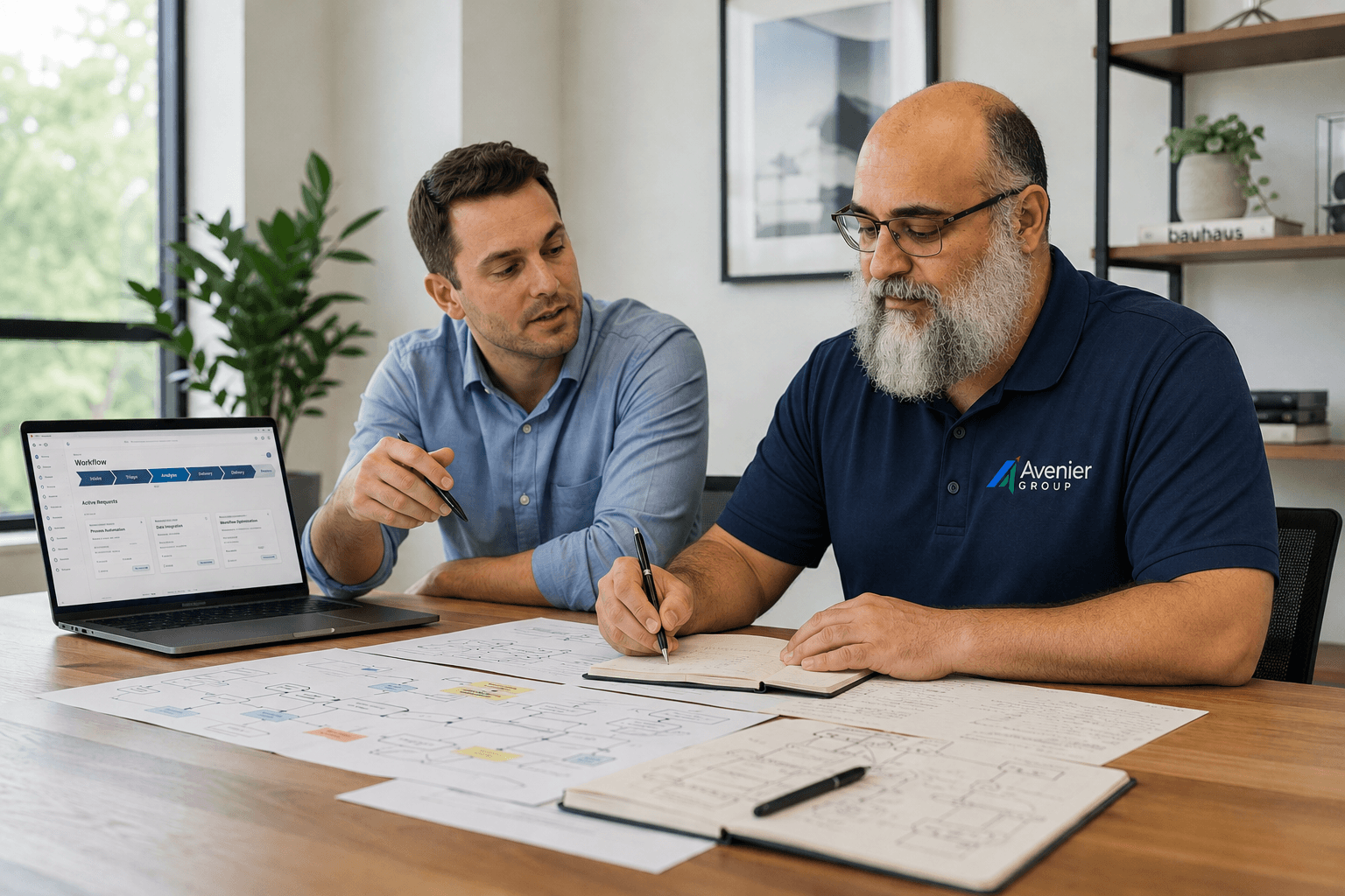 Founder and another professional reviewing workflow diagrams and an operational application during a collaborative software-planning session.