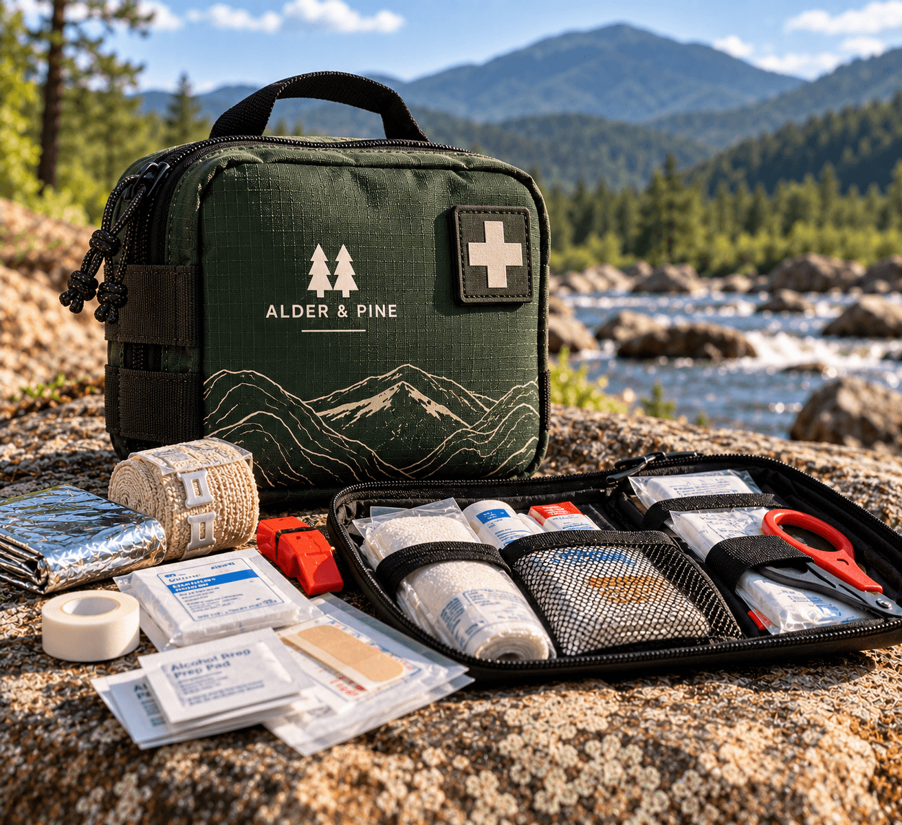 Blue Ridge Trail First Aid Kit open on a rock beside a mountain river, showing bandages, gauze, tape and an emergency blanket