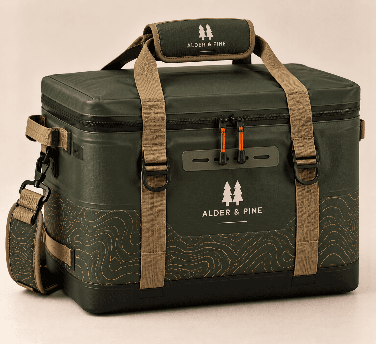 French Broad Soft Cooler in forest green with tan straps, a front organization panel and a shoulder strap