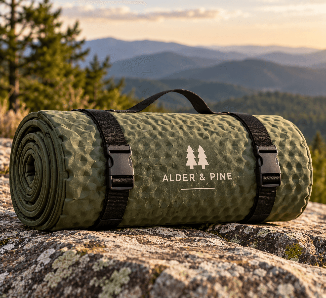 Linville Insulated Camp Pad rolled and strapped on a granite ledge above Blue Ridge ridgelines