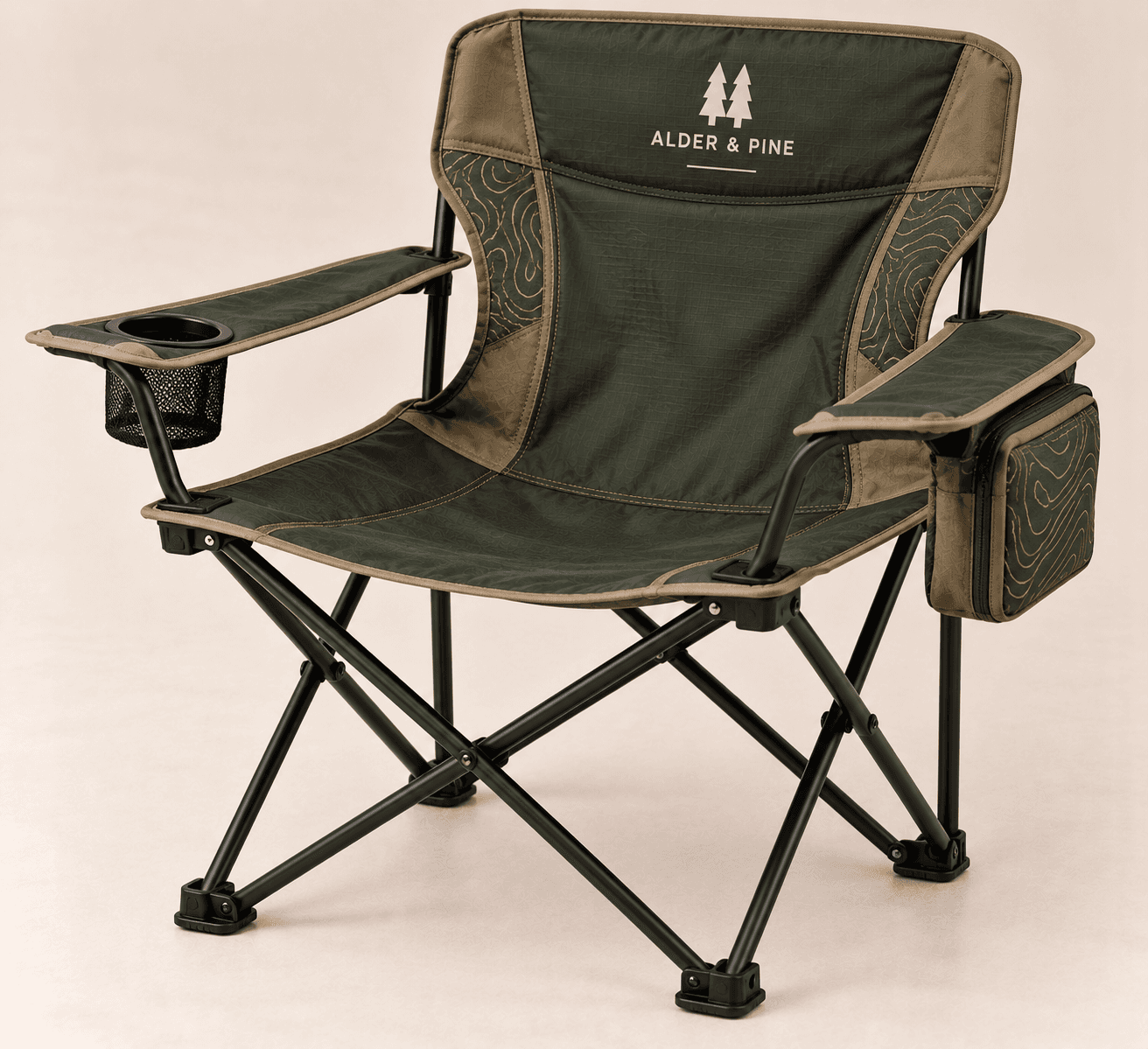 Porch Light Camp Chair in forest green and tan with a cup holder and a side pocket