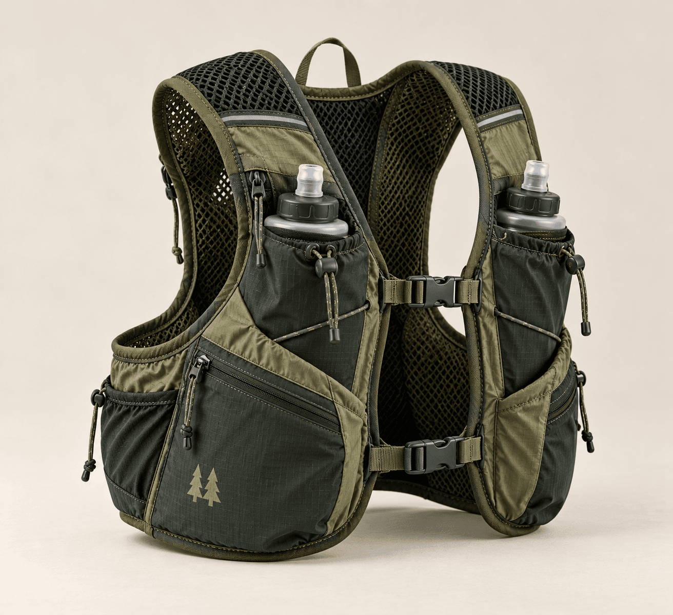 Switchgrass 8L running vest in forest green with two front bottle pockets and an adjustable sternum strap