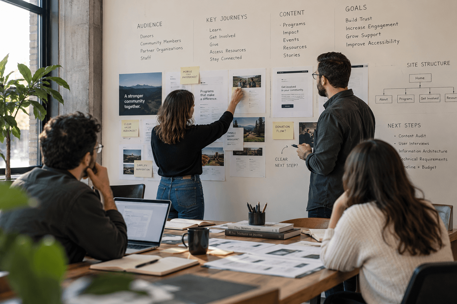 Colleagues gathered around a wall of printed notes and diagrams during a planning workshop.