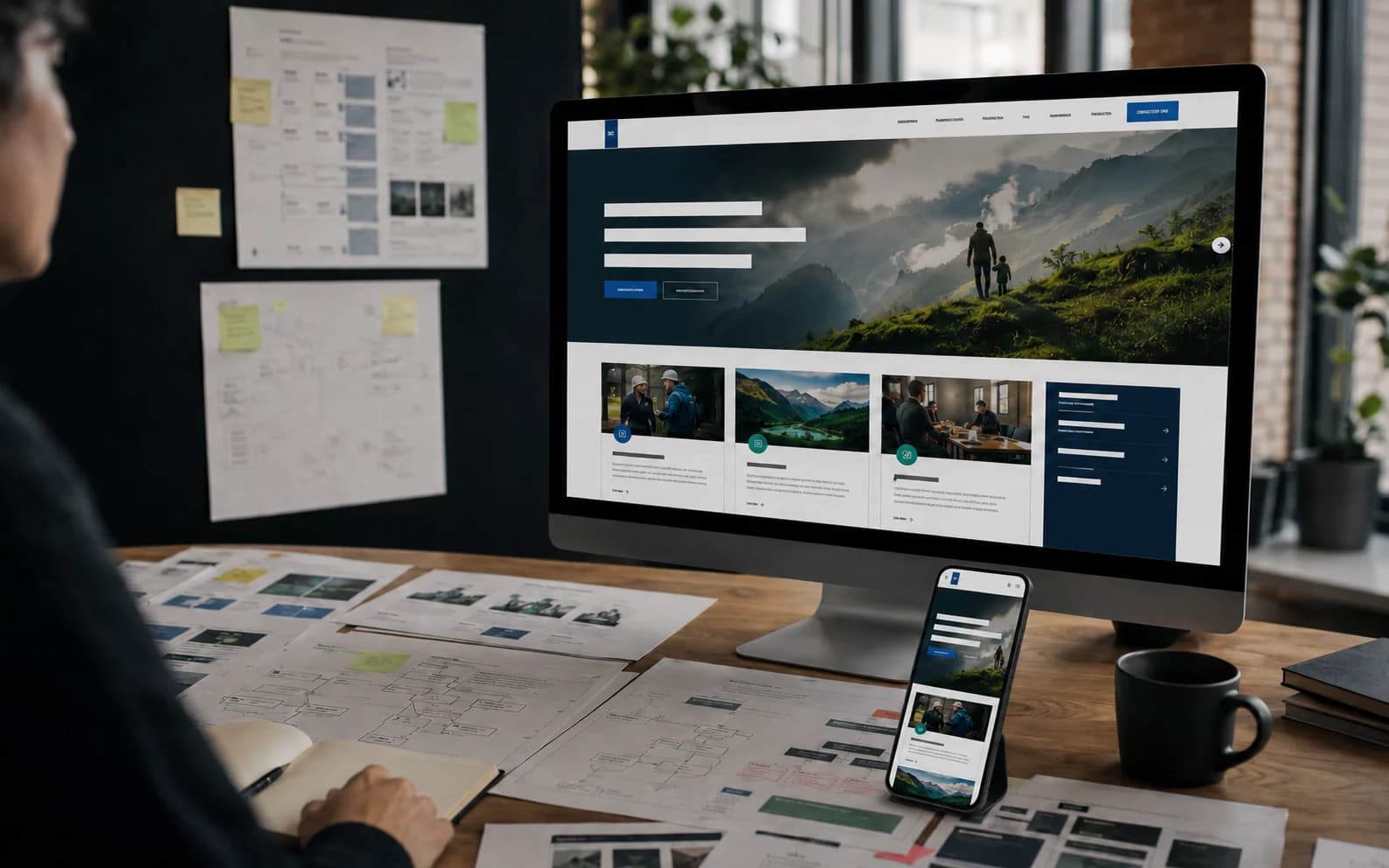 Responsive community organization website shown on a desktop monitor and a phone beside website planning materials