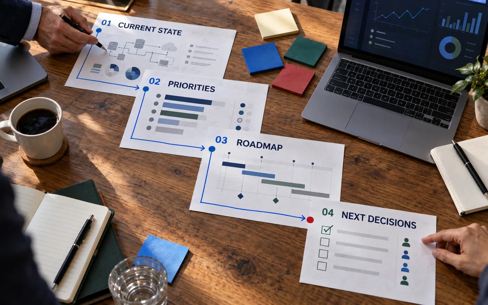 Printed planning materials and a laptop on a shared table, with hands walking through Current State, Priorities, Roadmap, and Next Decisions.
