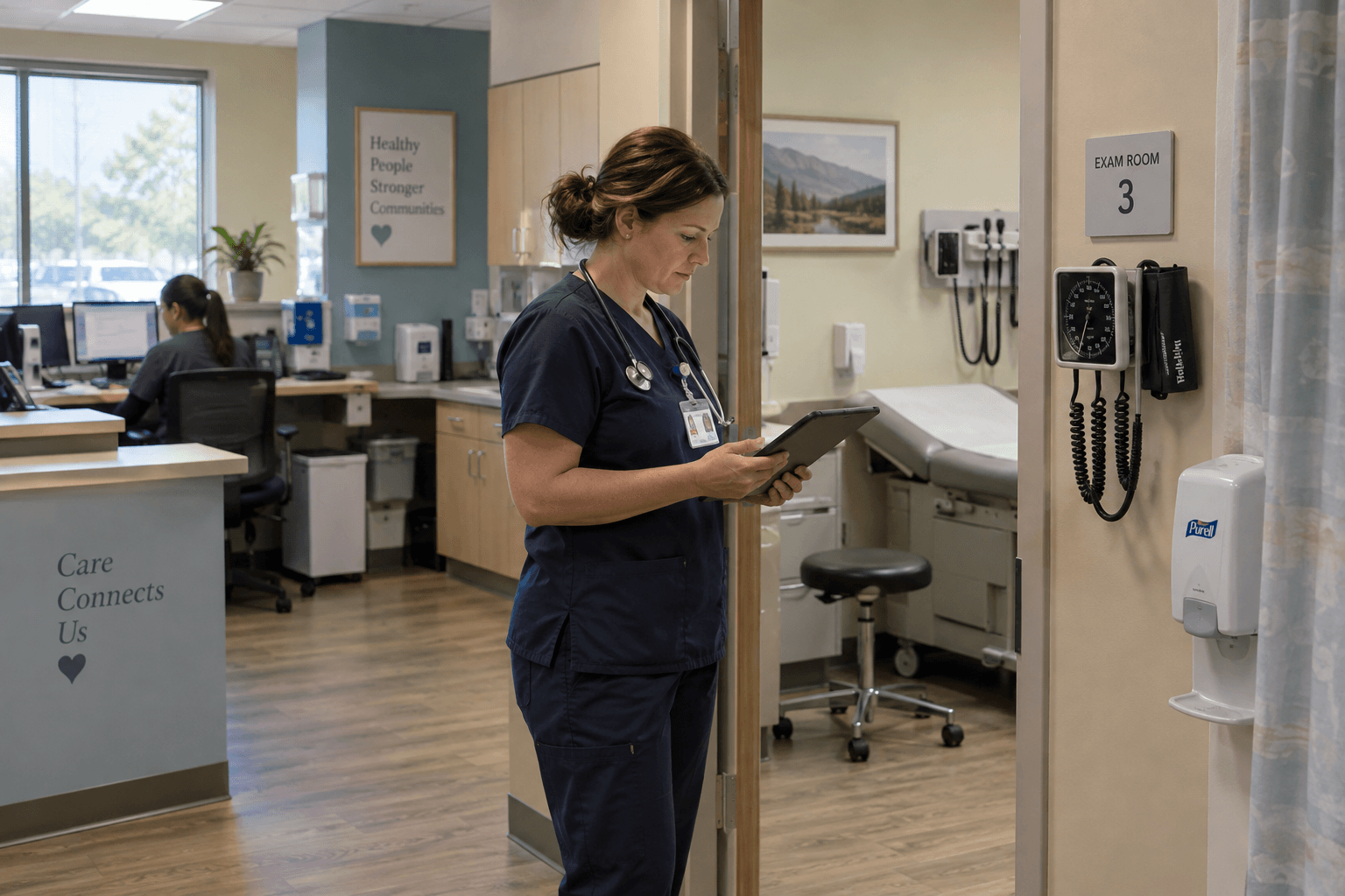 A nurse reviewing a tablet beside an exam room in a community clinic.