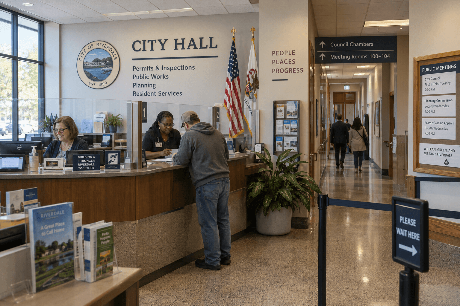A resident at a city hall service counter speaking with staff, beneath a City Hall sign.