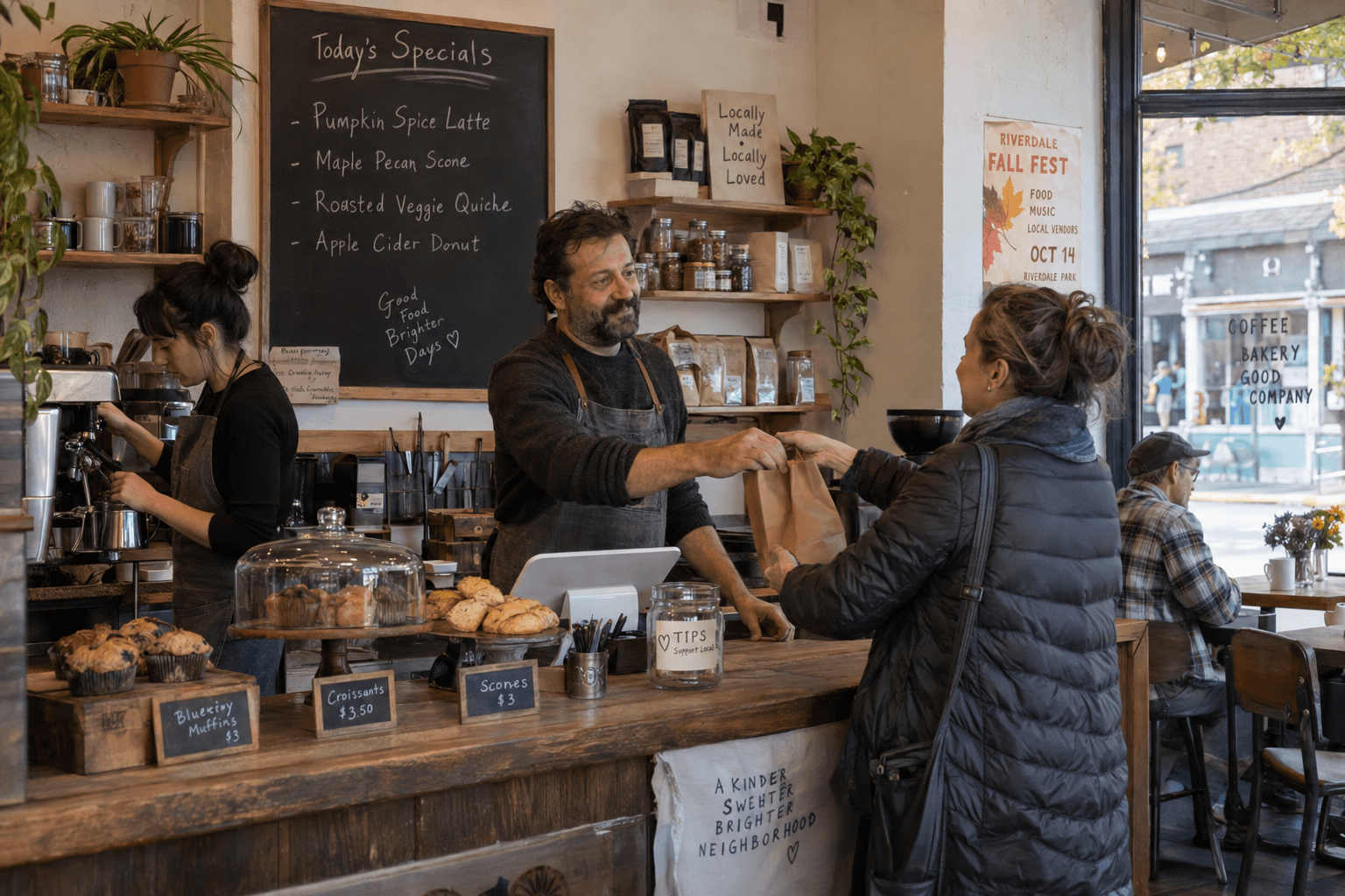 A café owner handing a customer a paper bag across a wooden counter.