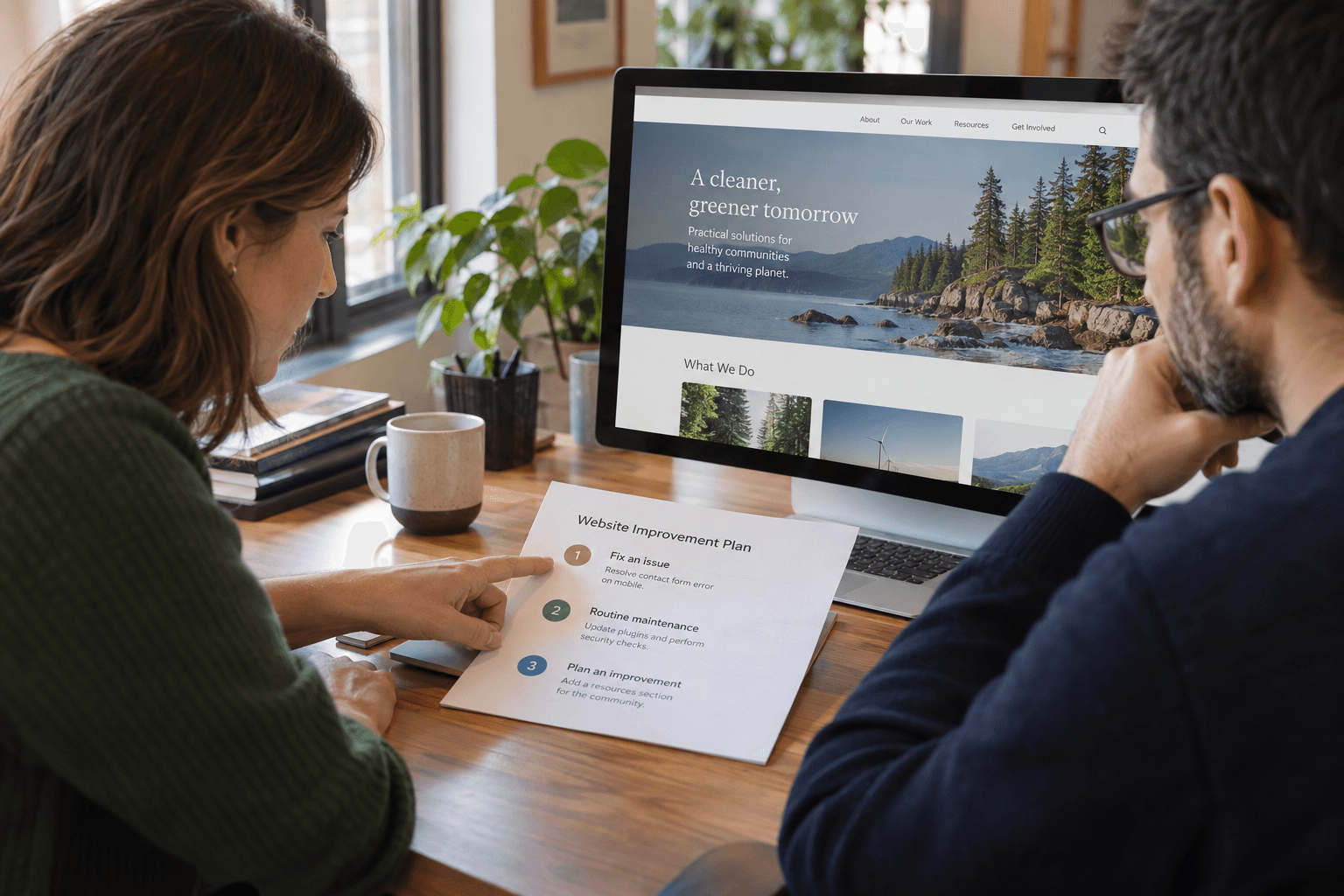 Two professionals reviewing a website and a plan for ongoing improvements.