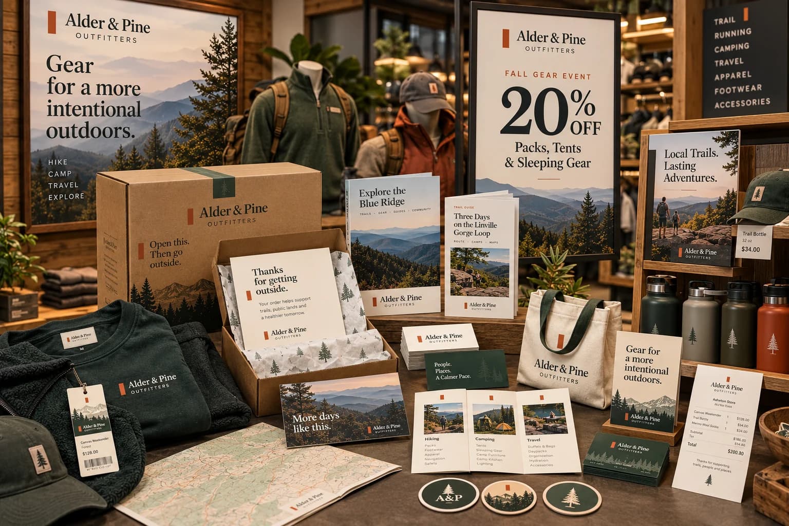 Printed signage, packaging, tags and brochures from a retail concept study, shown together as one communication system.