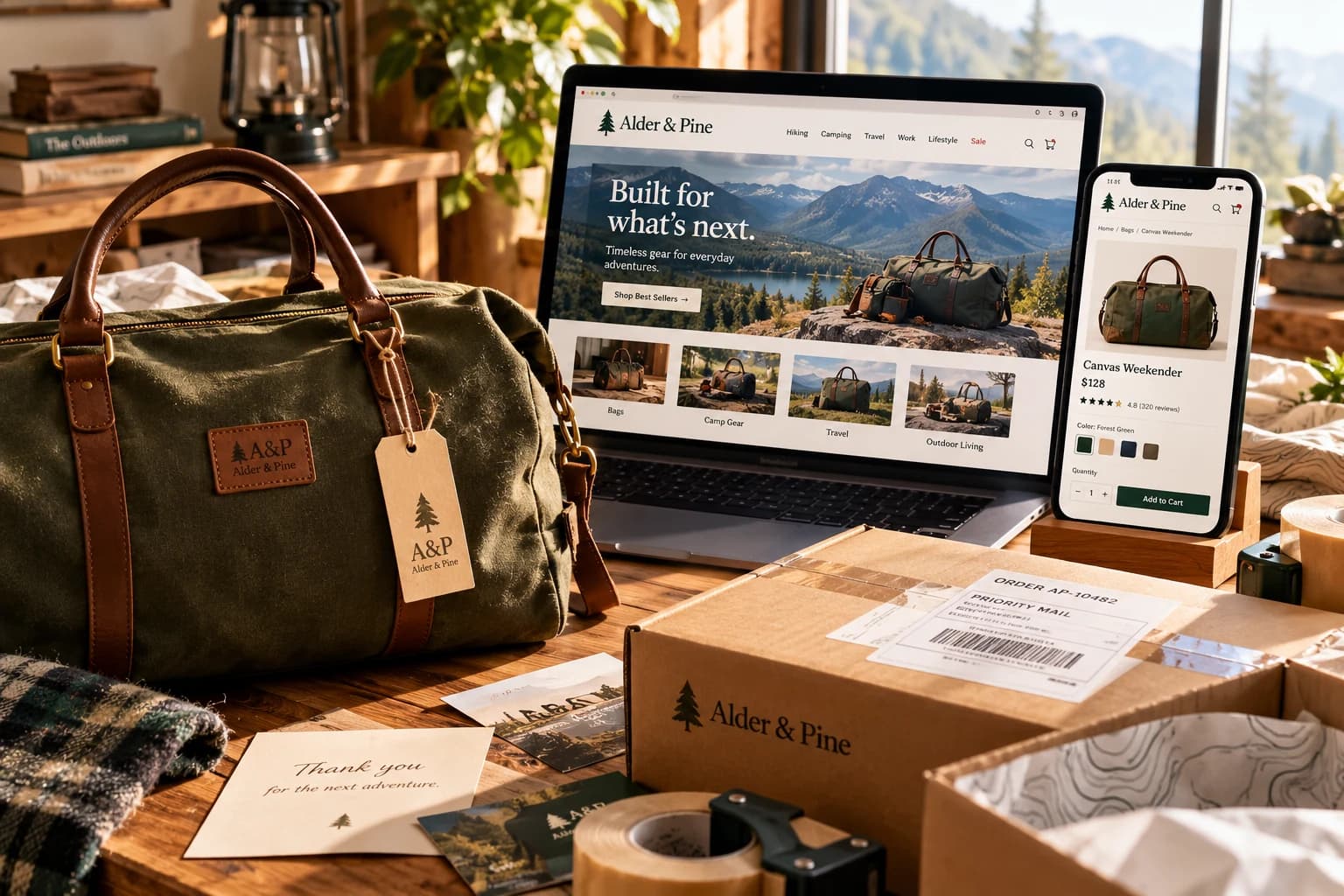 A duffel, shipping boxes, a laptop and a phone on a workbench.