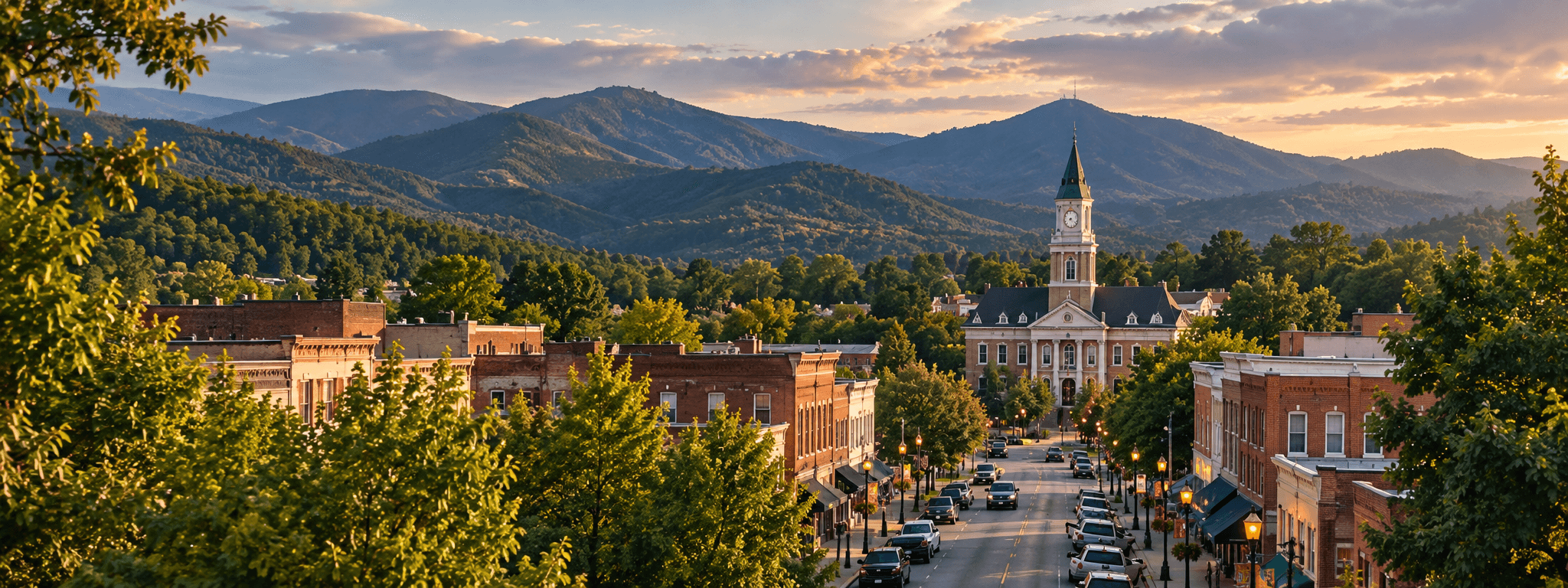 Downtown Briarfield beneath the mountains, with the town hall’s clock tower at the end of Main Street.