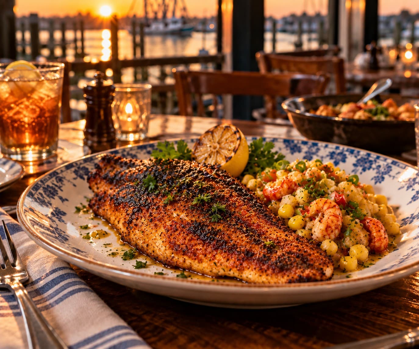 A blackened catfish fillet with crawfish maque choux and a charred lemon half on a blue-and-white plate, a sweet tea and the marina at sunset behind.