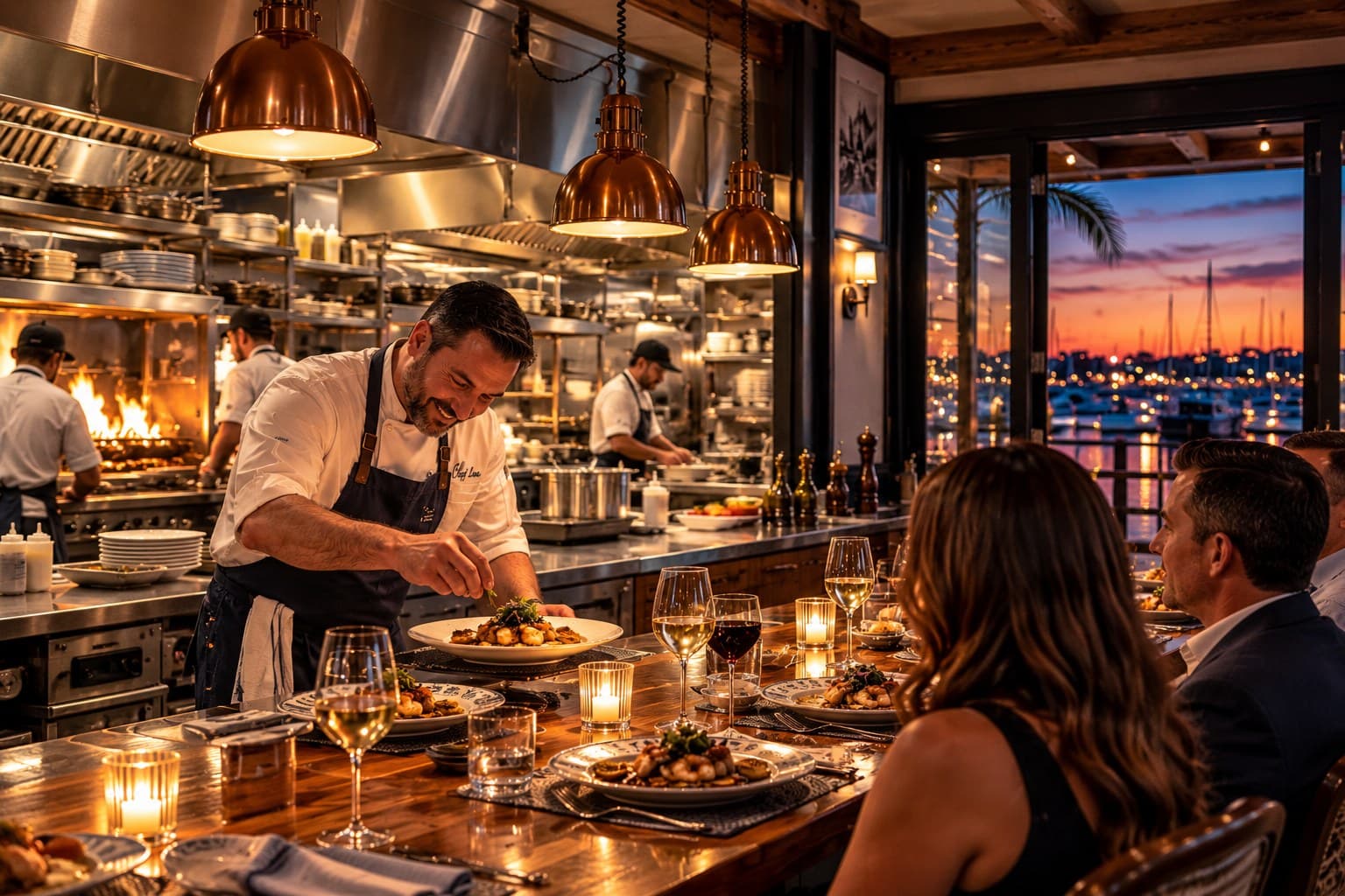 Chef Lou finishing a dish for guests seated beside the open kitchen at the Down Da By-Ya Chef’s Table.
