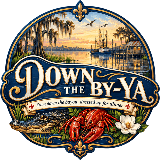 Down Da By-Ya crest: a deep blue plaque with a Louisiana bayou at sunset, a crawfish, a magnolia and a gold banner.