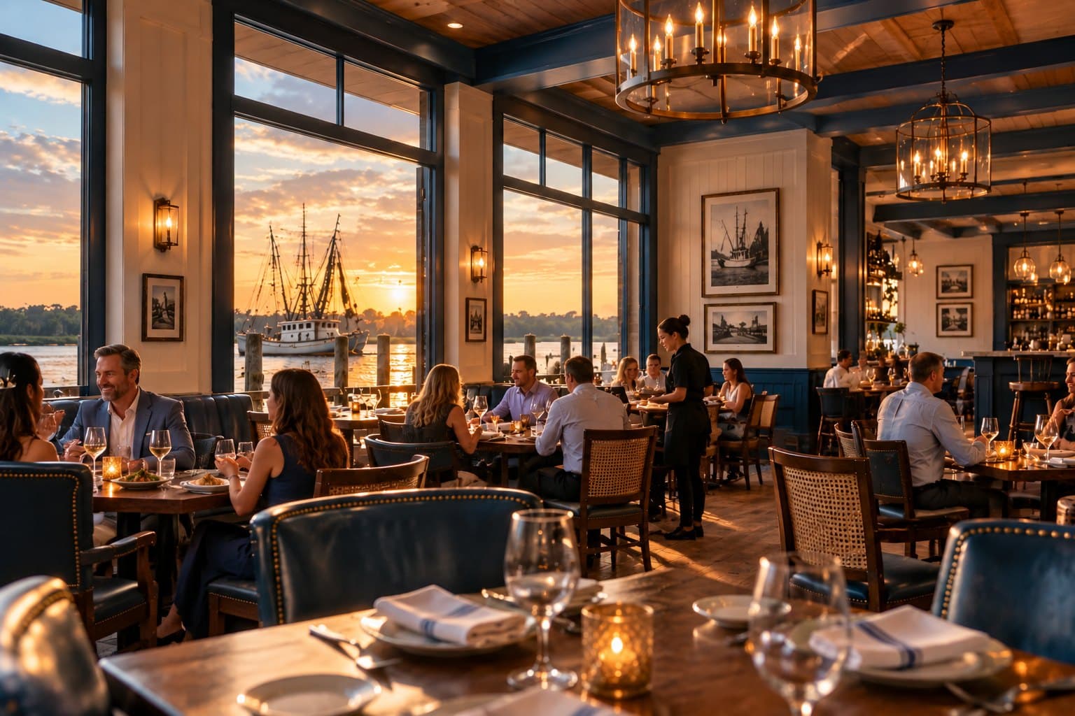 The dining room at Down Da By-Ya at sunset, with the harbor through tall windows.