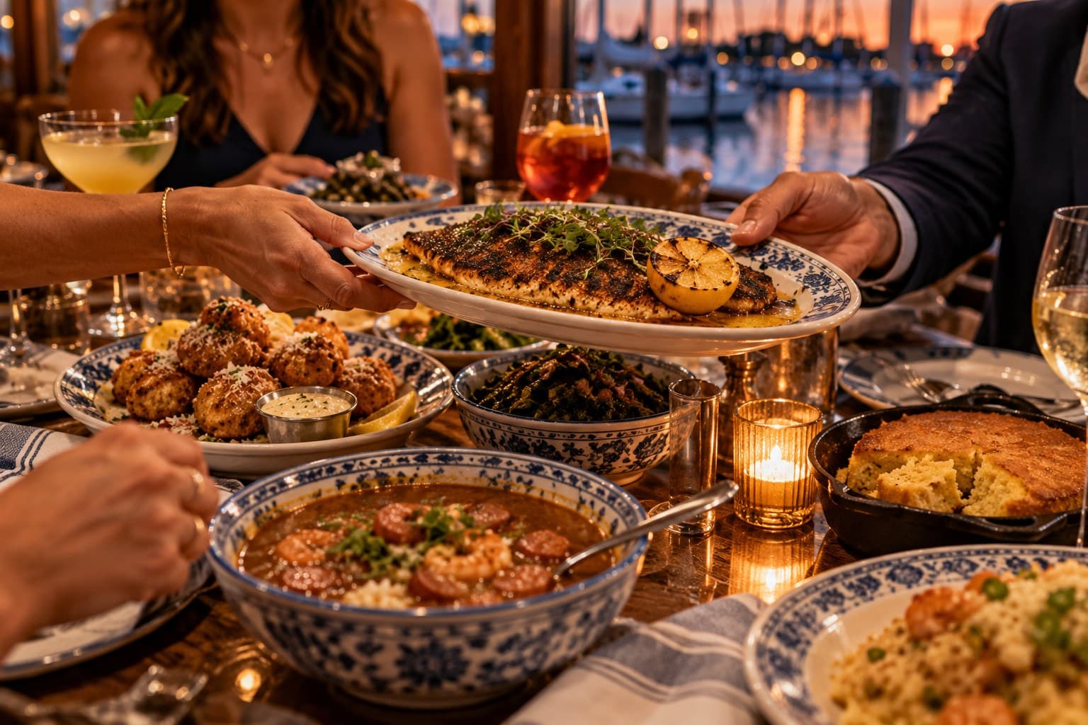 Plates of seafood, gumbo and cocktails passed across a table above the marina.