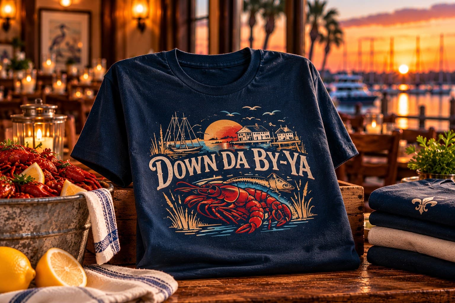 A navy Down Da By-Ya tee with a crawfish crest, shown on a sunlit waterfront table.