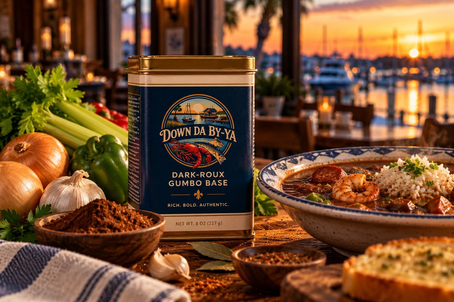 A tin of Dark-Roux Gumbo Base beside a bowl of finished gumbo.