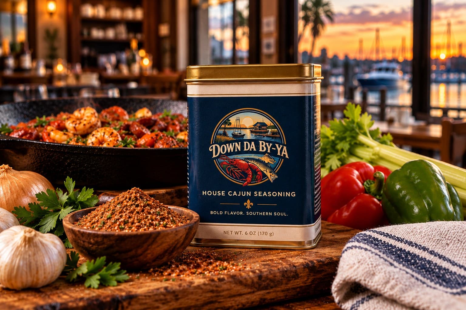 A tin of House Cajun Seasoning on a waterfront table at sunset beside a cast-iron skillet, peppers and a crest dish towel.