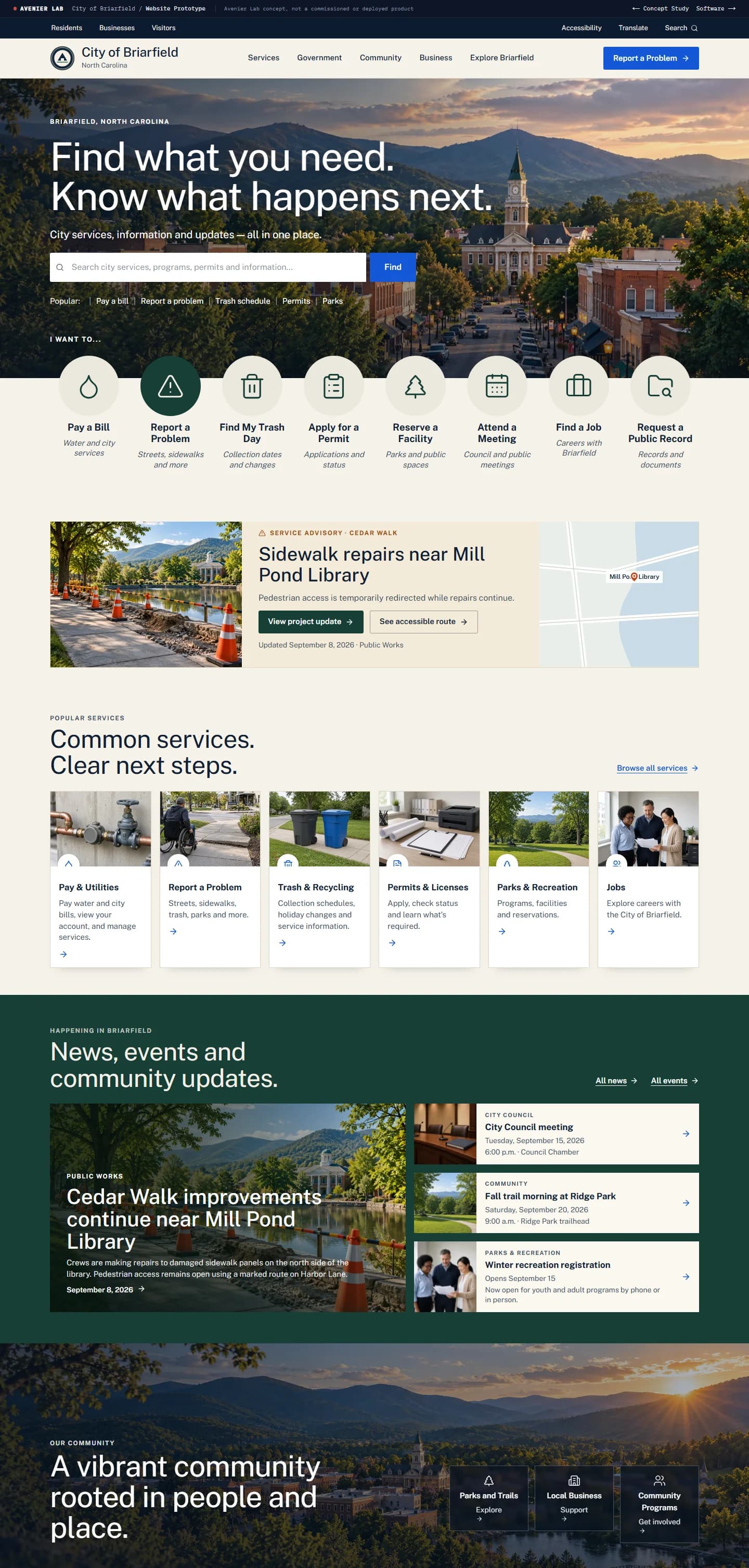 City of Briarfield municipal website homepage with service search, resident actions, service advisory and popular city services