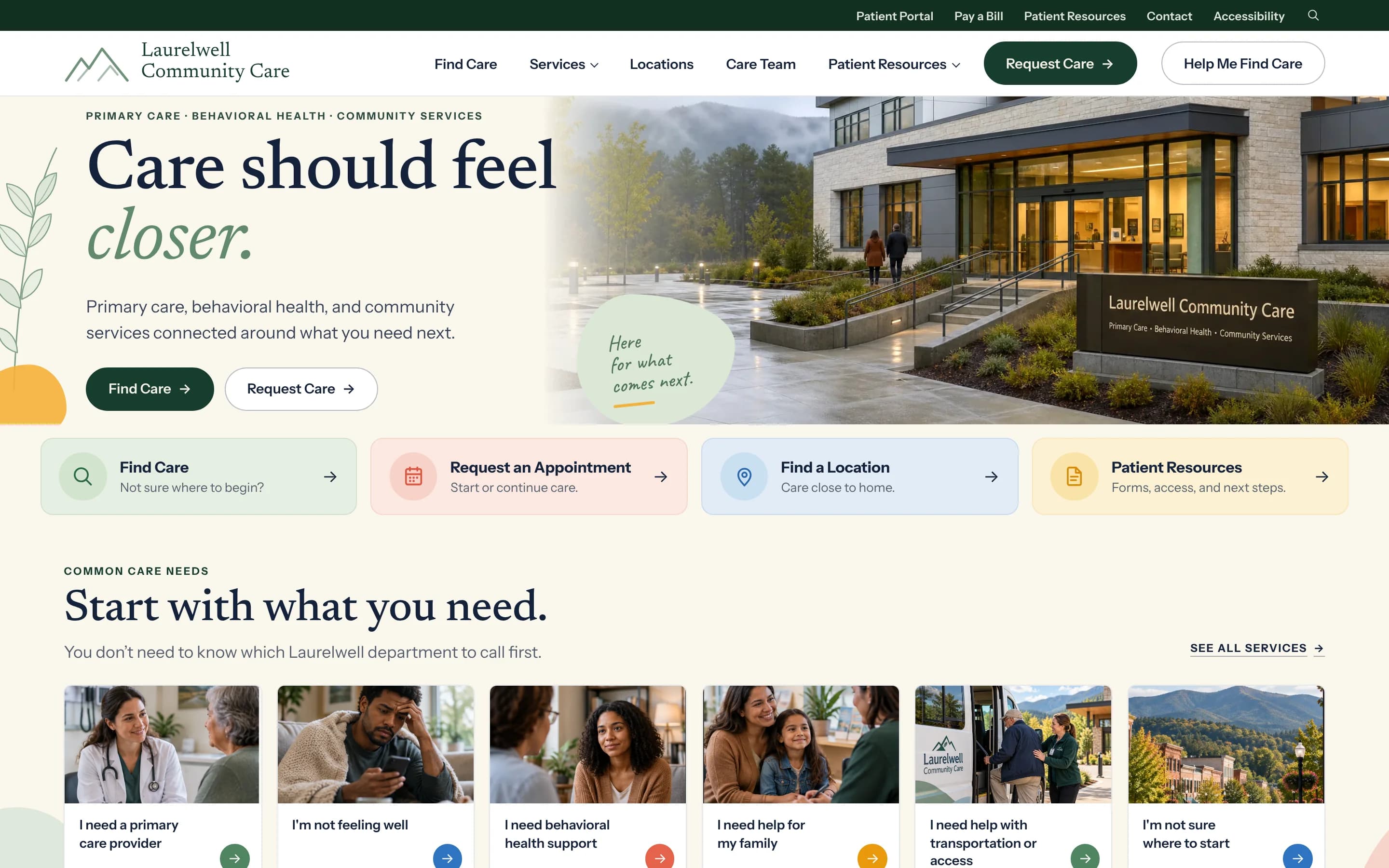Laurelwell’s public website prototype with a ‘Care should feel closer’ homepage.