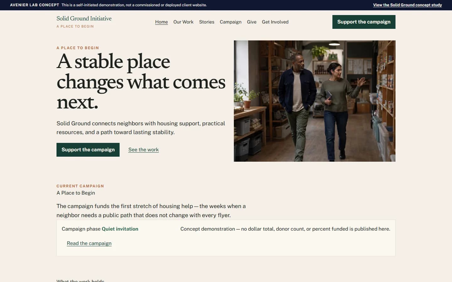 Solid Ground’s campaign website prototype.