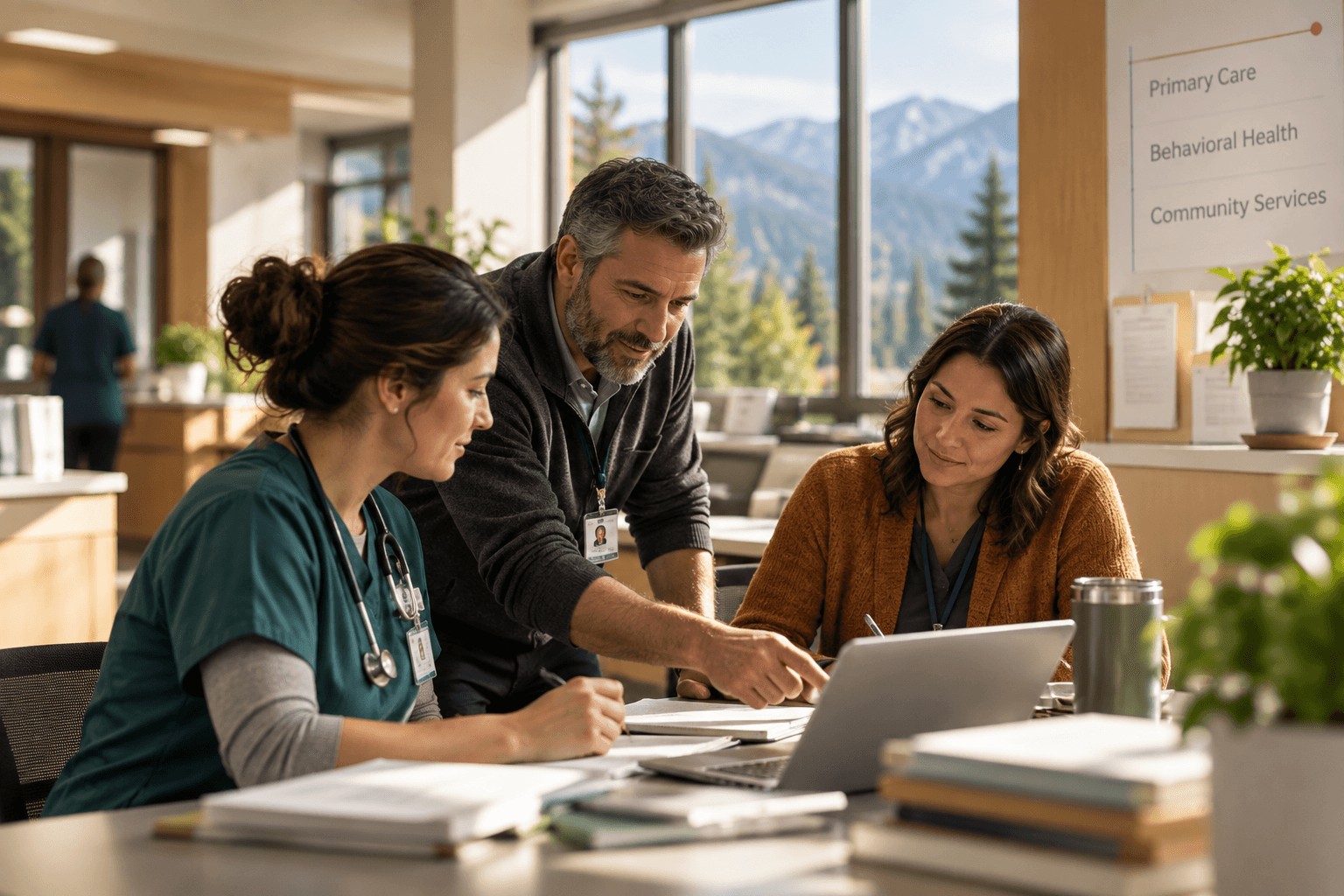 A nurse, a care coordinator and a family member reviewing a plan together in a bright clinic.