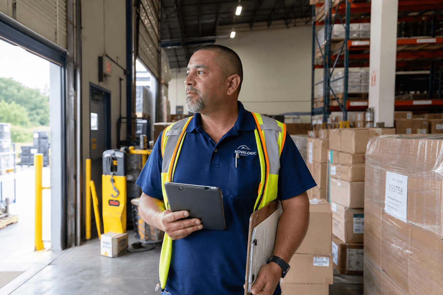 A warehouse supervisor in a hi-vis vest checking a tablet on the loading dock.