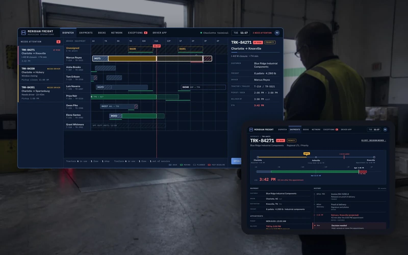 Concept study: the Meridian Operations dispatch board with an at-risk shipment beside its shipment record on a rugged tablet, in front of a warehouse loading dock.