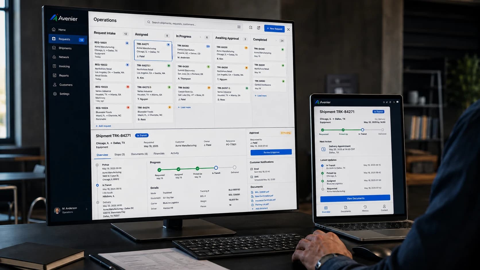 An operations screen showing shipments and approvals beside a keyboard and clipboard.