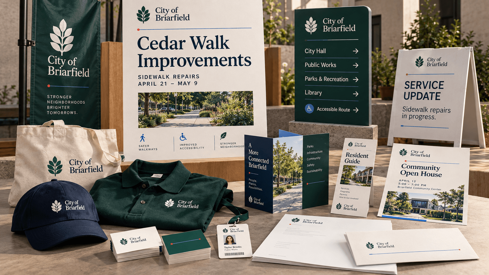 Briarfield communication system for the Cedar Walk improvements: a project notice, wayfinding sign, service-update sign, resident guide, brochure, open-house flyer, banner, letterhead, and staff materials, all in one visual language.