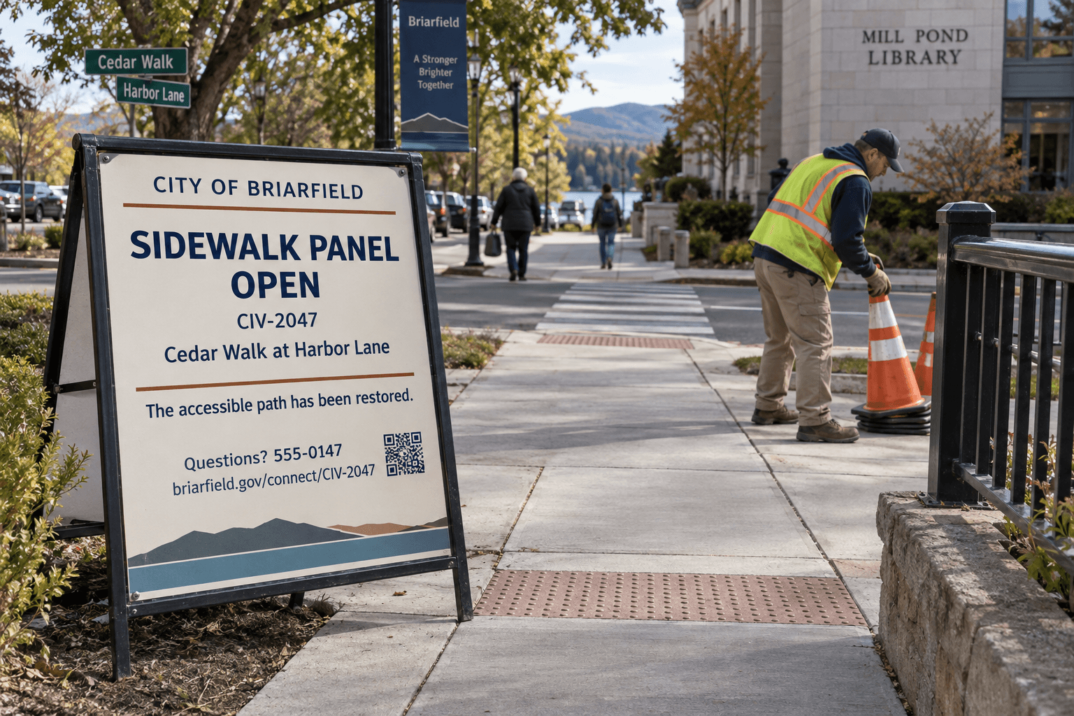 A public notice sign on a city sidewalk explaining that a walkway panel has reopened, with a worker placing traffic cones nearby.