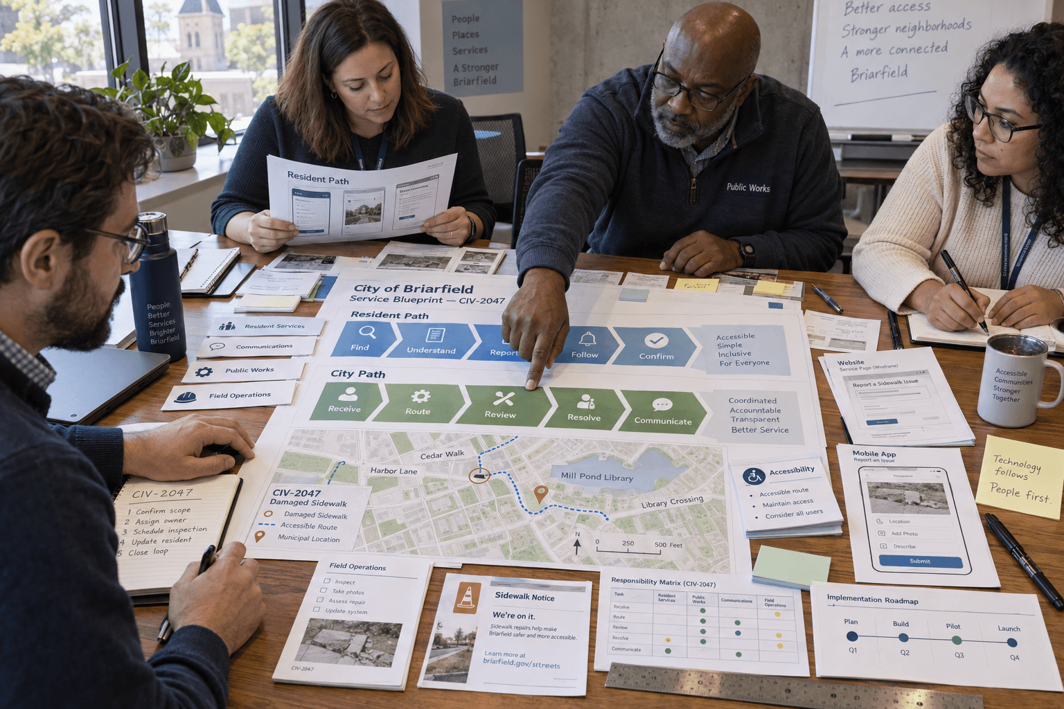 A conceptual working session for the fictional City of Briarfield study, gathered around a service blueprint and planning materials.