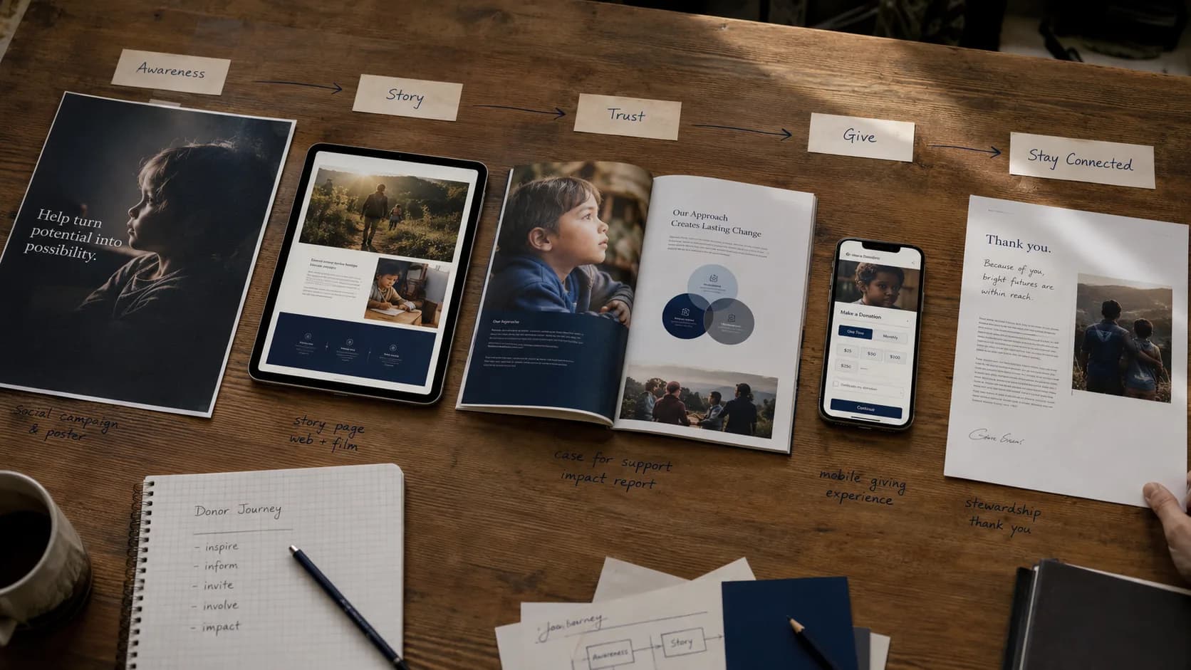 Campaign planning board used to sequence ownership, approvals, and stewardship responsibilities