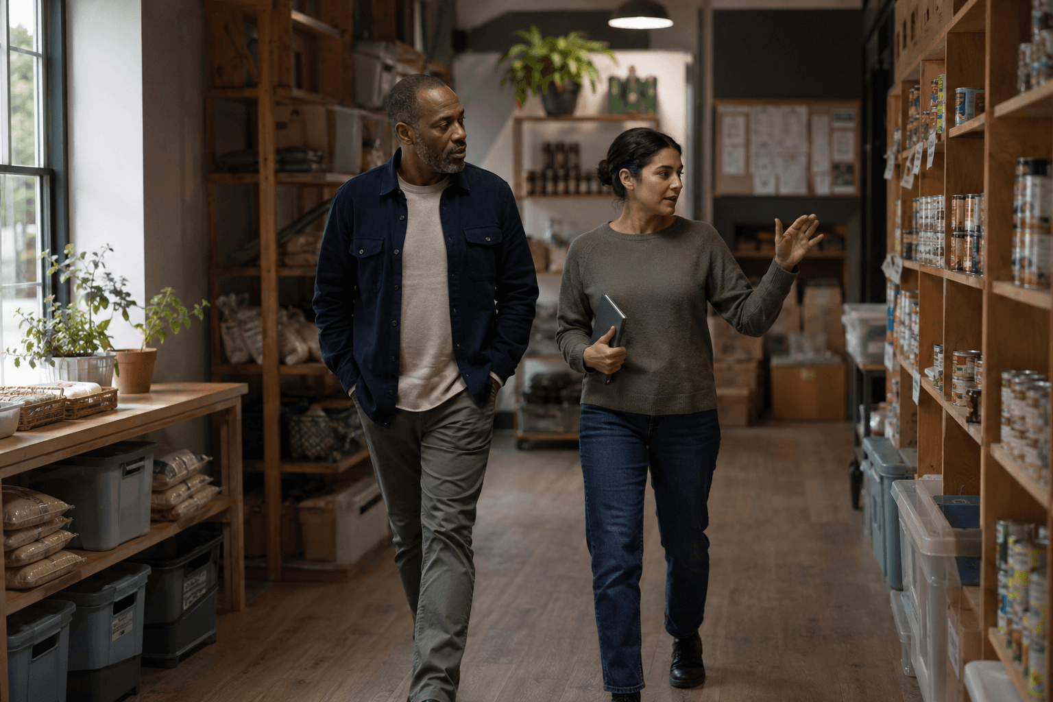 Fictional Solid Ground Initiative community resource center: a staff member walks a neighbor through shelves of household supplies.