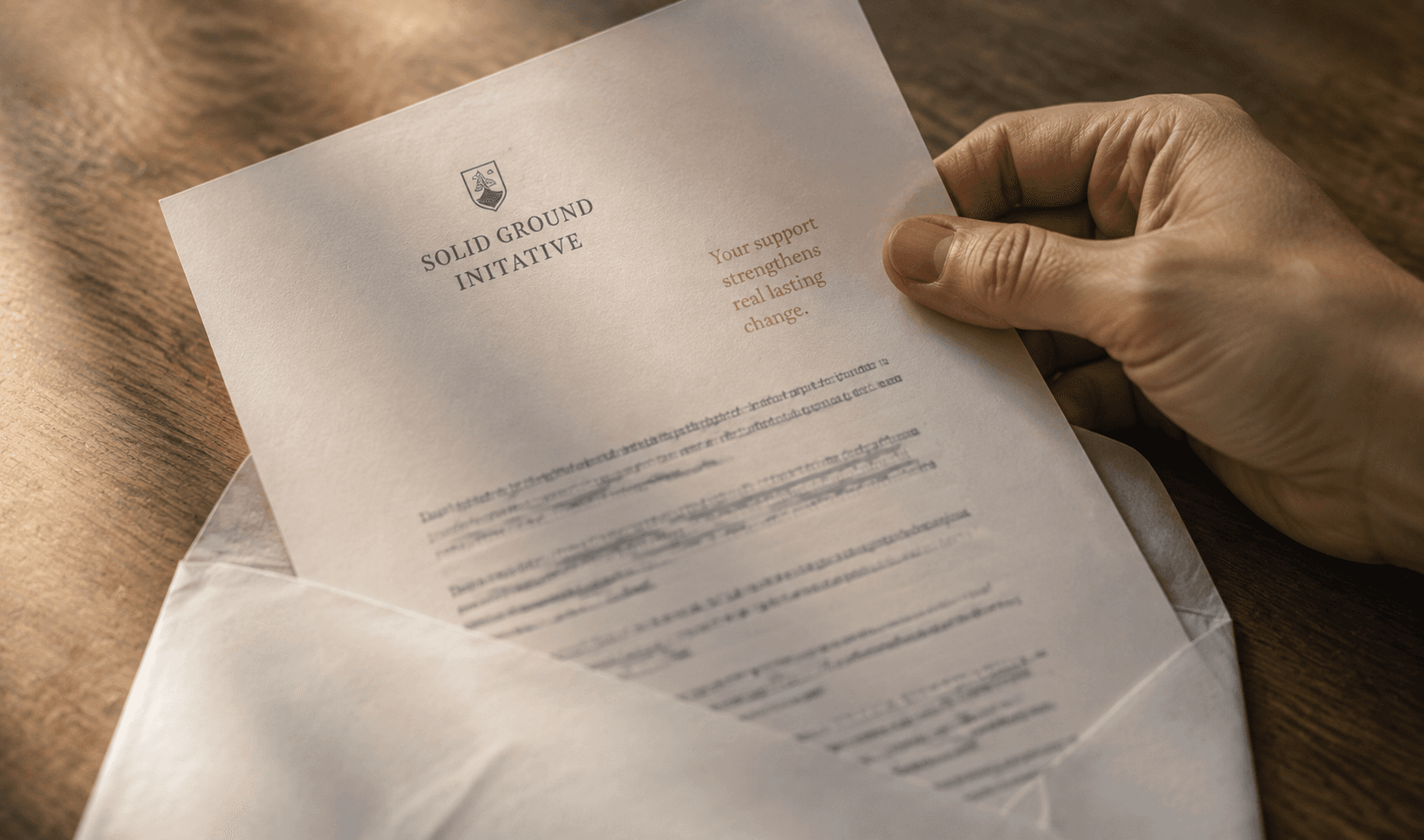 A hand holding a fictional Solid Ground donor letter beside its envelope.