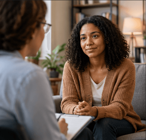 Counselor with a clipboard listening to a client during a supportive conversation