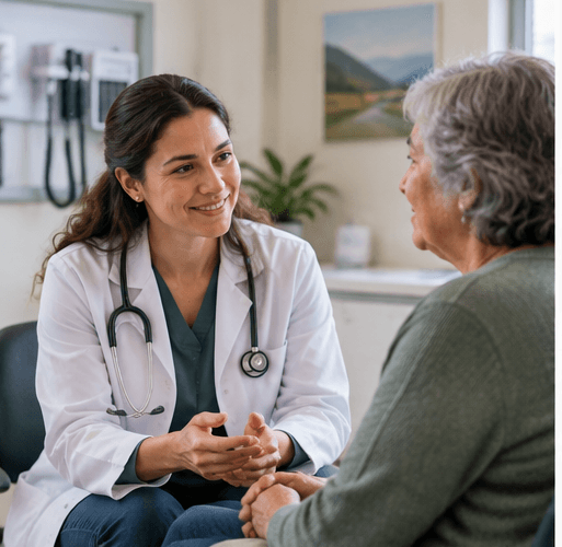 Primary care provider talking with an older patient in an exam room