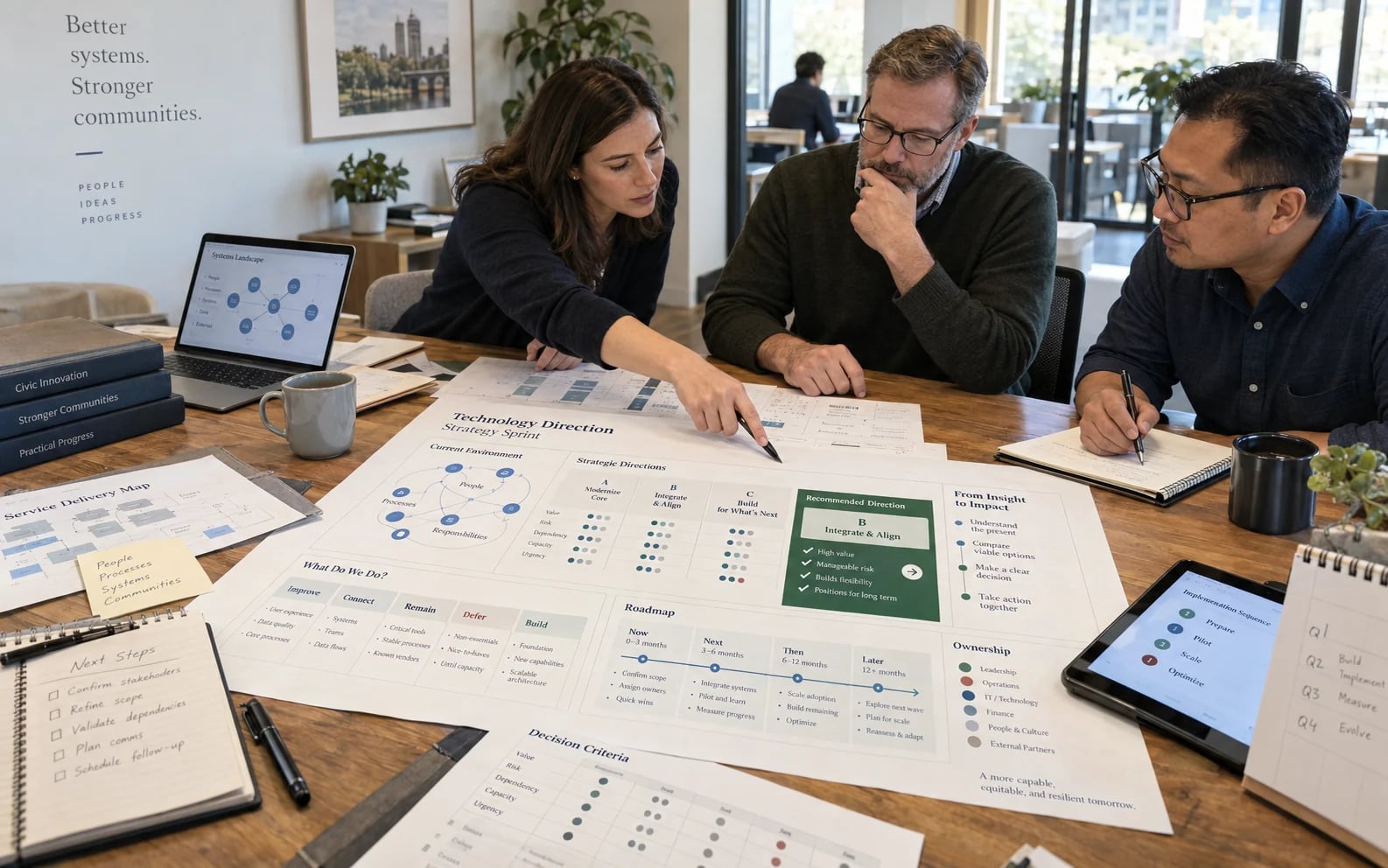 Organizational leaders reviewing a Technology Direction strategy map, decision criteria, and sequenced roadmap.