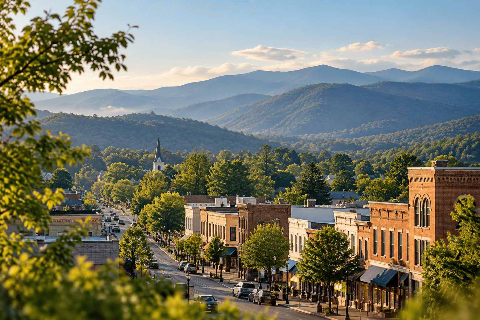A small mountain community with homes and a road in a Blue Ridge valley