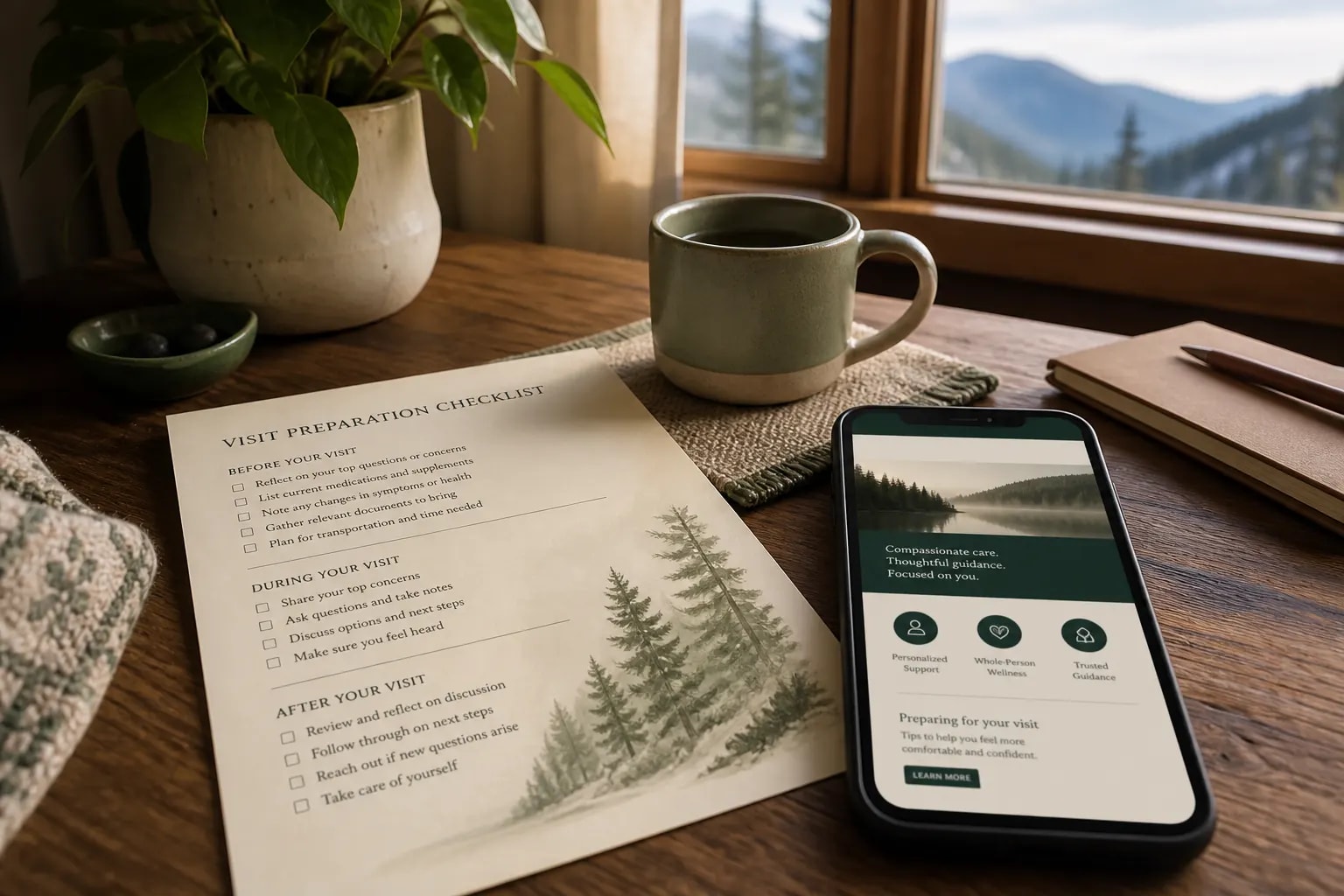 A printed Laurelwell visit-preparation checklist beside a phone showing the care website.