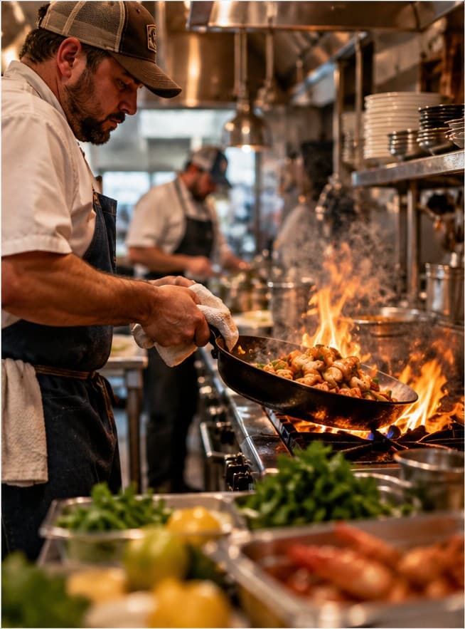 Chef preparing Louisiana seafood in a skillet over an open flame in the Down Da By-Ya kitchen, with fresh herbs and citrus in the foreground and cooks working behind.