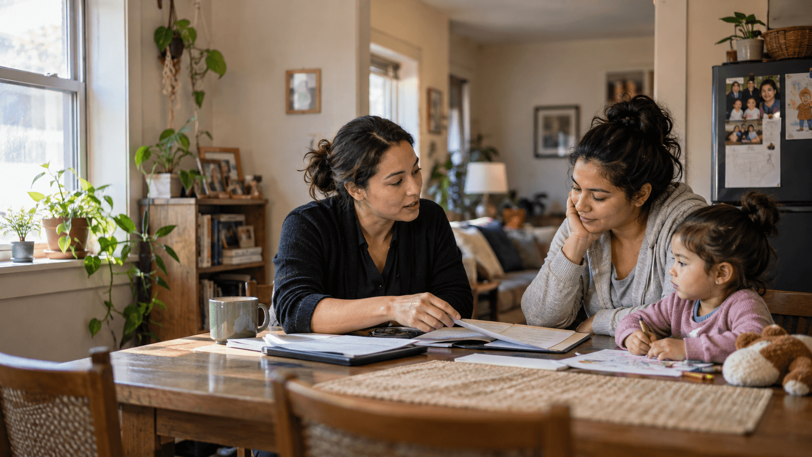A mother and grandmother helping a child with schoolwork at their kitchen table at home