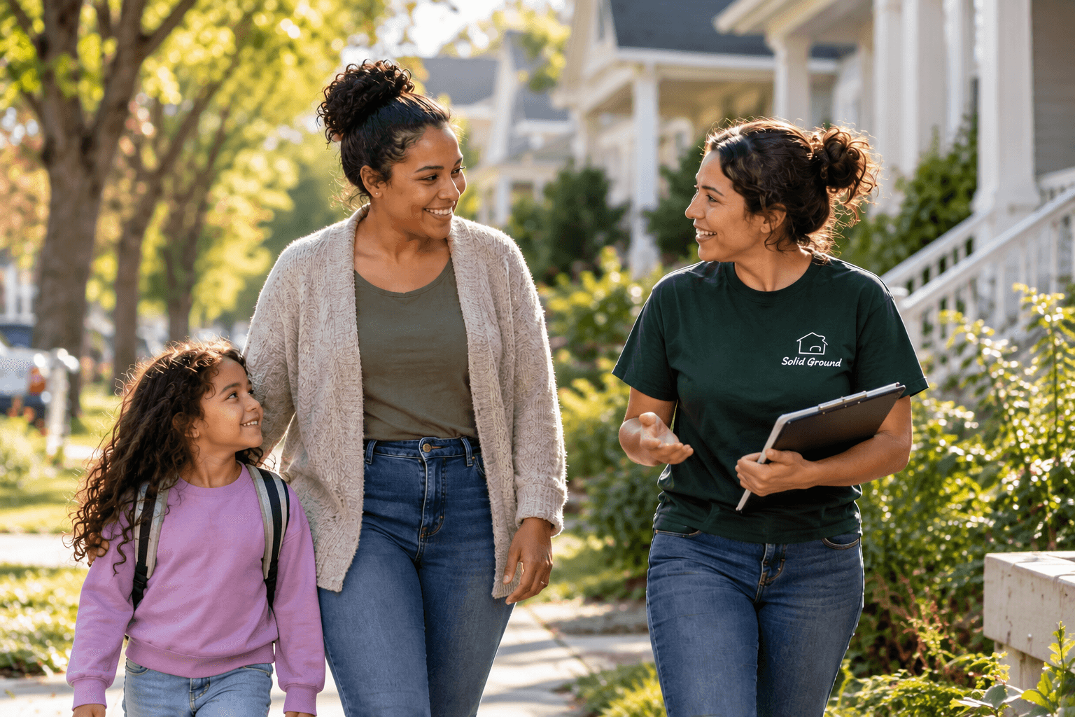 A child, her mother, and a Solid Ground staff member walking and talking together on a residential sidewalk