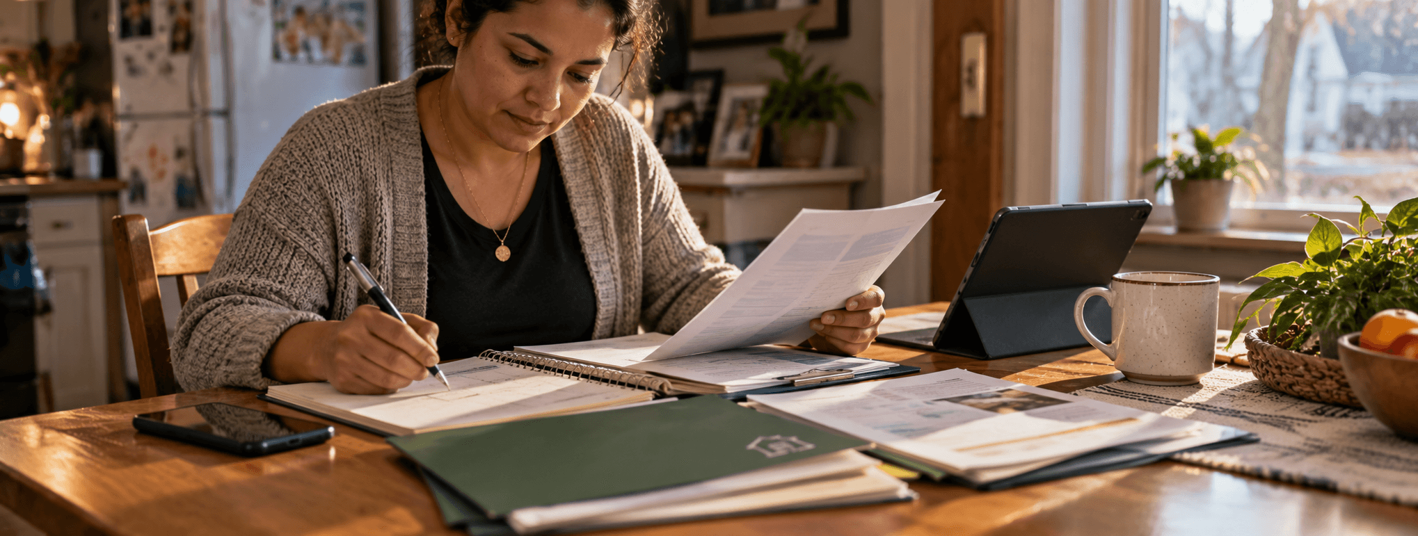 A woman reviewing paperwork and taking notes at her kitchen table at home