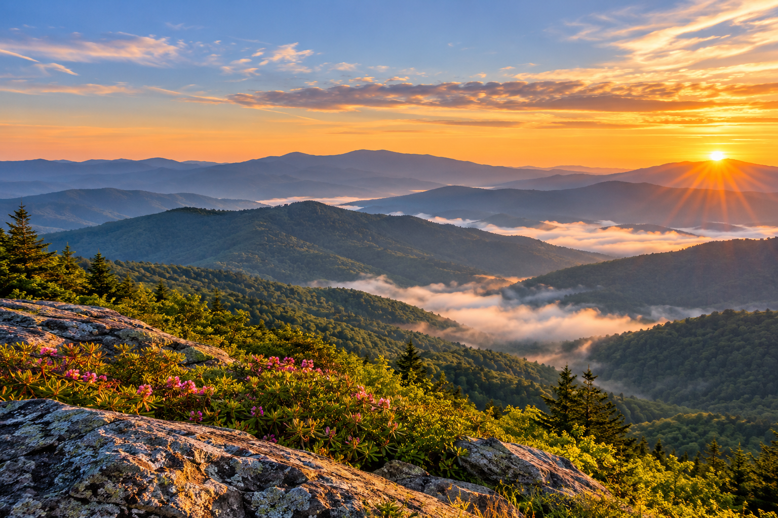 Golden sunrise over layered Blue Ridge Mountains and mist-filled valleys