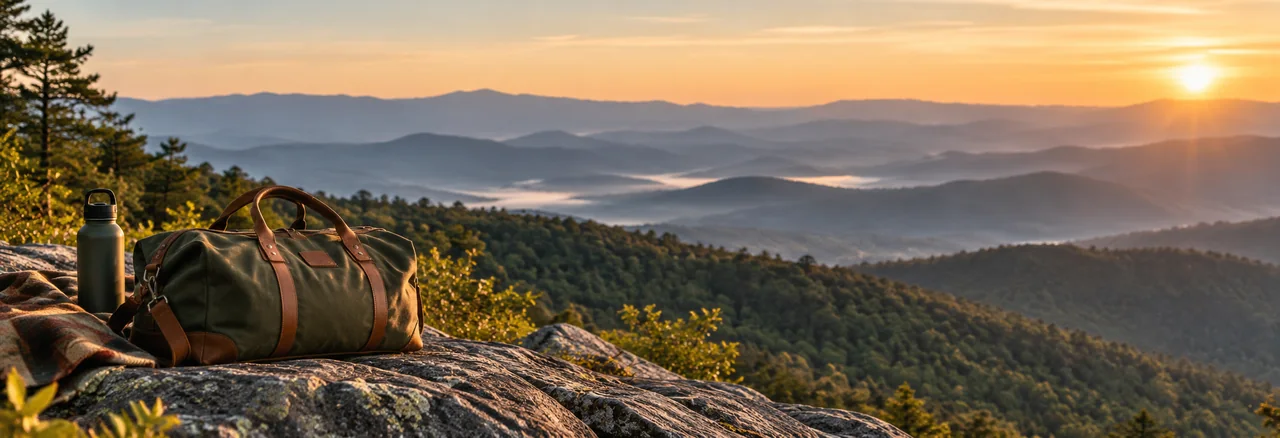 A green waxed-canvas weekender, bottle and wool blanket on a granite overlook above layered Blue Ridge ridges at sunrise
